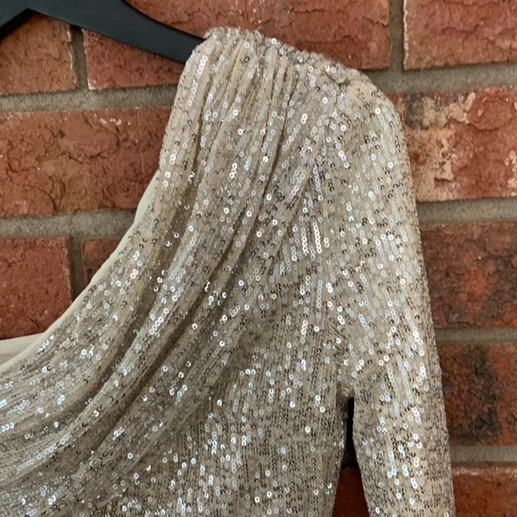 SALE! Champagne Sequin One Shoulder Fitted Midi Gown Formal Dress - Picture 3 of 6